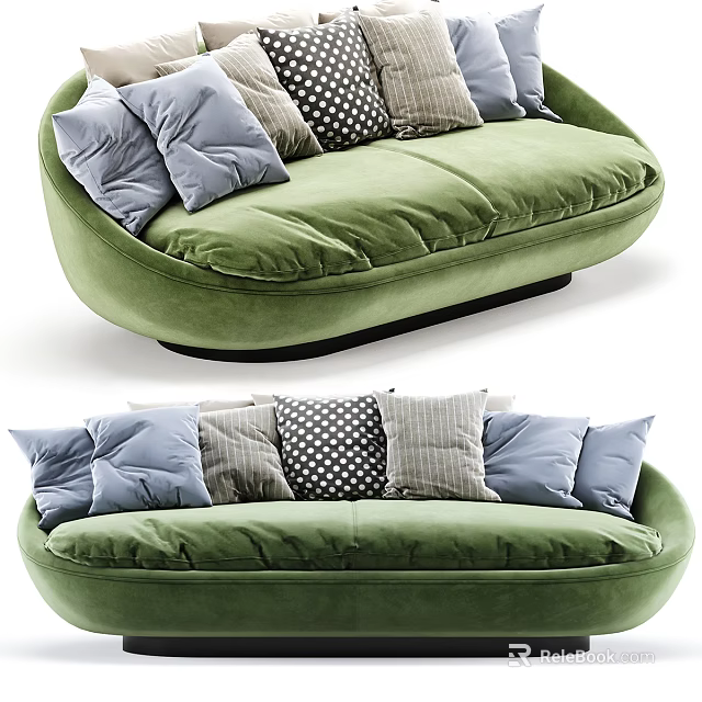 Green Velvet Multi person Sofa with Curved Design and Various Colored Patterned Cushions 3d model 