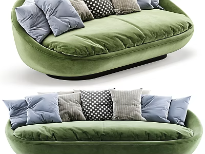 Green Velvet Multi person Sofa with Curved Design and Various Colored Patterned Cushions 3d model
