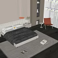 Modern Double Bed with Black Comforter Nightstands Orange Chair and Wooden Floor in Bright Bedroom