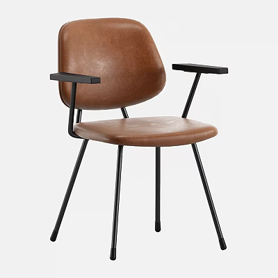 Modern Brown Leather Dining Chair With Black Metal Legs And Armrests 3d model