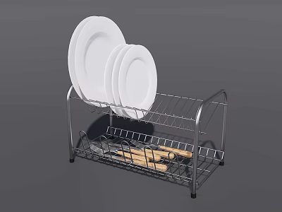 Organized Dishware Set with White Plates and Utensils on Metal Kitchen Storage Rack 3d model