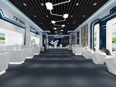 Modern Industrial New City Exhibition Hall With Marble Counters And Display Panels 3d model