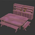 Pink Dining Table Set With Benches And Bookshelves In Modern Design