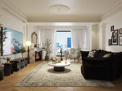 Elegant French Style Modern Living Room Black Soft Sofa And Round Marble Coffee Table Set 3d model