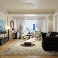 Elegant French Style Modern Living Room Black Soft Sofa And Round Marble Coffee Table Set