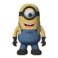 Minion Doll With Large Eye Yellow Body Blue Overalls Black Gloves Standing On Gray Sofa