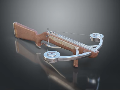 Modern Crossbow Weapon With Brown Wooden Grip And Metal Pulleys Design 3d model