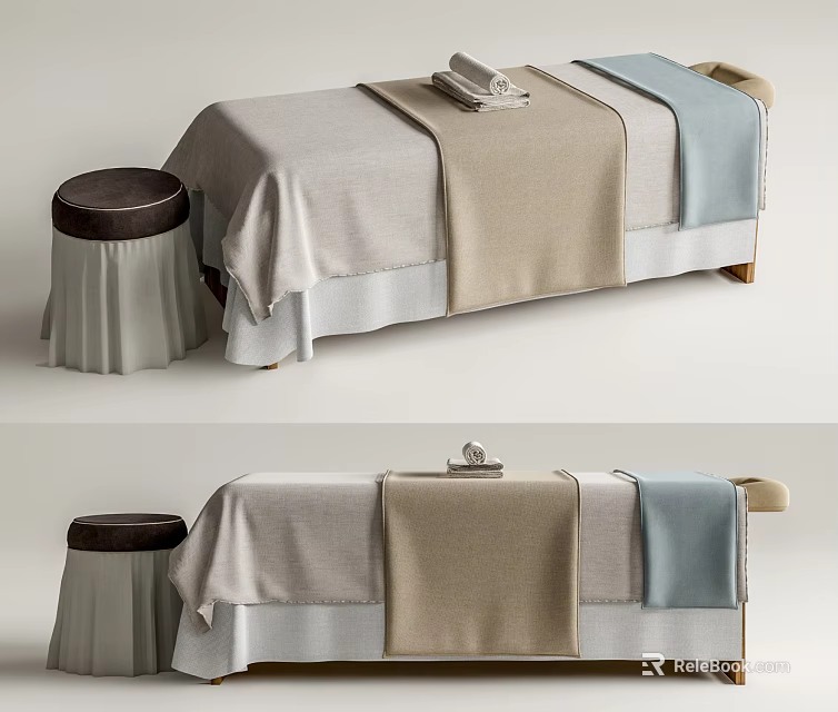 Comfortable Massage Bed With Soft Linen Sheets And Matching Stool For Spa Use 3d model