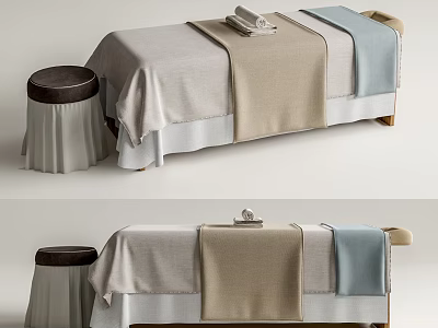 Comfortable Massage Bed With Soft Linen Sheets And Matching Stool For Spa Use 3d model