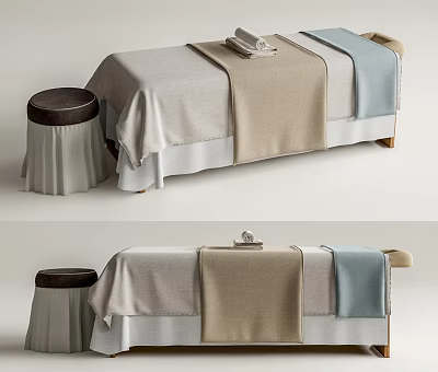 Comfortable Massage Bed With Soft Linen Sheets And Matching Stool For Spa Use 3d model
