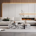 Modern Living Room Interior With Large Sofa Marble Coffee Table And Floor to Ceiling Windows