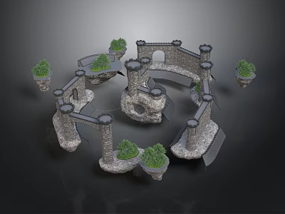 Medieval Castle Scene Components With Stone Towers Arched Gateways And Green Plants 3d model