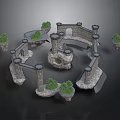 Medieval Castle Scene Components With Stone Towers Arched Gateways And Green Plants