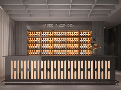 Stylish Bar Interior Design with Black Perforated Counter Wine Bottle Racks and Golden Accents 3d model