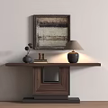 Wooden Console Table with Framed Artwork Table Lamp Decorative Items and Books Against Light Wall