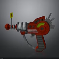Red And Silver Toy Gun With Mechanical Structure Green Circular Part And Yellow Component