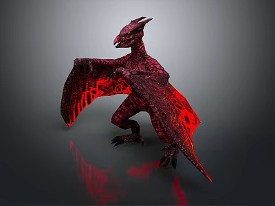 Red Dragon With Glowing Textured Wings Standing On Dark Gray Background Showing Reflection 3d model