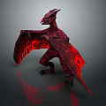 Red Dragon With Glowing Textured Wings Standing On Dark Gray Background Showing Reflection