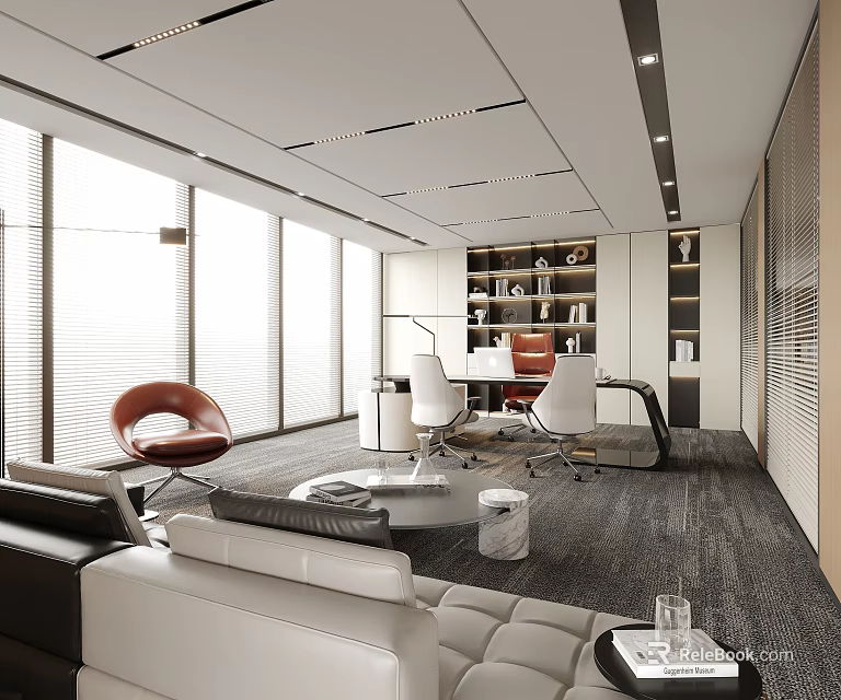 Modern Office Interior With Large Windows White Sofa Red Chairs And Wooden Bookshelves 3d model 