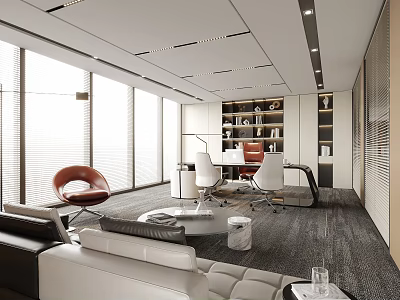 Modern Office Interior With Large Windows White Sofa Red Chairs And Wooden Bookshelves 3d model