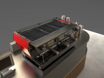 Modern Café Interior Featuring Red Black Coffee Machine on Metal Countertop with Cups 3d model