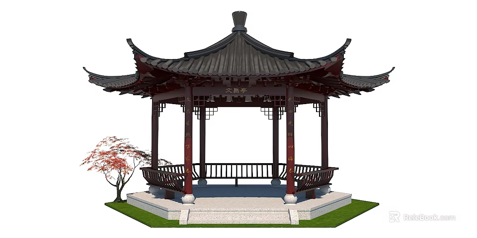 Traditional Chinese Garden Pavilion With Pagoda Roof Red Pillars And Maple Tree 3d model 