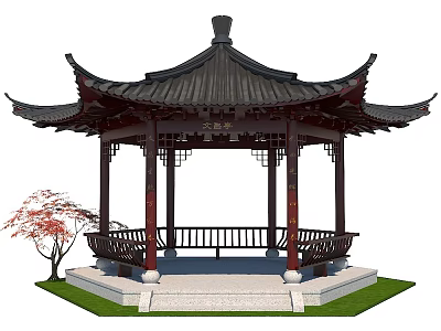 Traditional Chinese Garden Pavilion With Pagoda Roof Red Pillars And Maple Tree 3d model