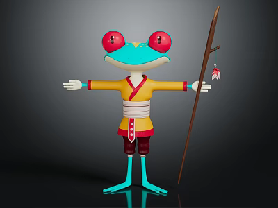 Cartoon Frog Character Dressed in Yellow Red Outfit With Red Eyes Blue Body Holding Stick 3d model