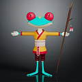 Cartoon Frog Character Dressed in Yellow Red Outfit With Red Eyes Blue Body Holding Stick