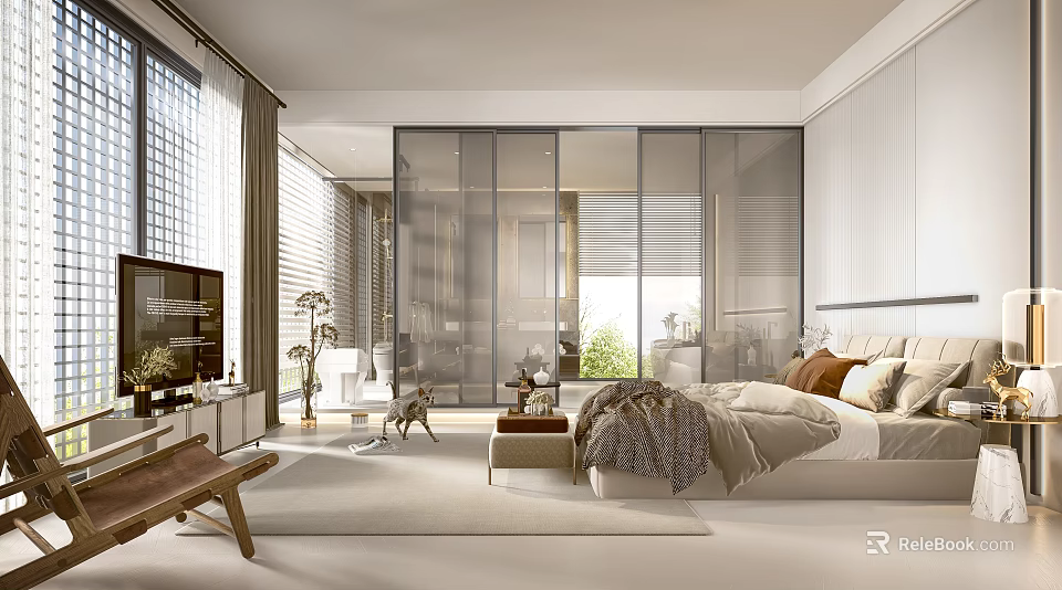 Modern Bedroom Interior Design With Natural Light Glass Sliding Doors And Comfortable Bed 3d model 