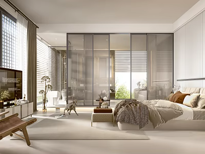 Modern Bedroom Interior Design With Natural Light Glass Sliding Doors And Comfortable Bed 3d model