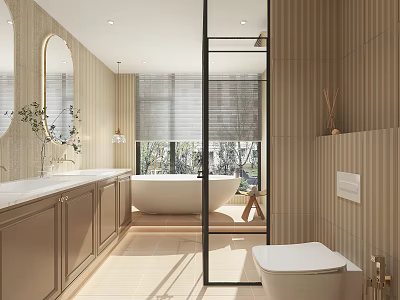 Modern Bathroom Interior With Double Vanities Oval Mirrors And Bathtub 3d model