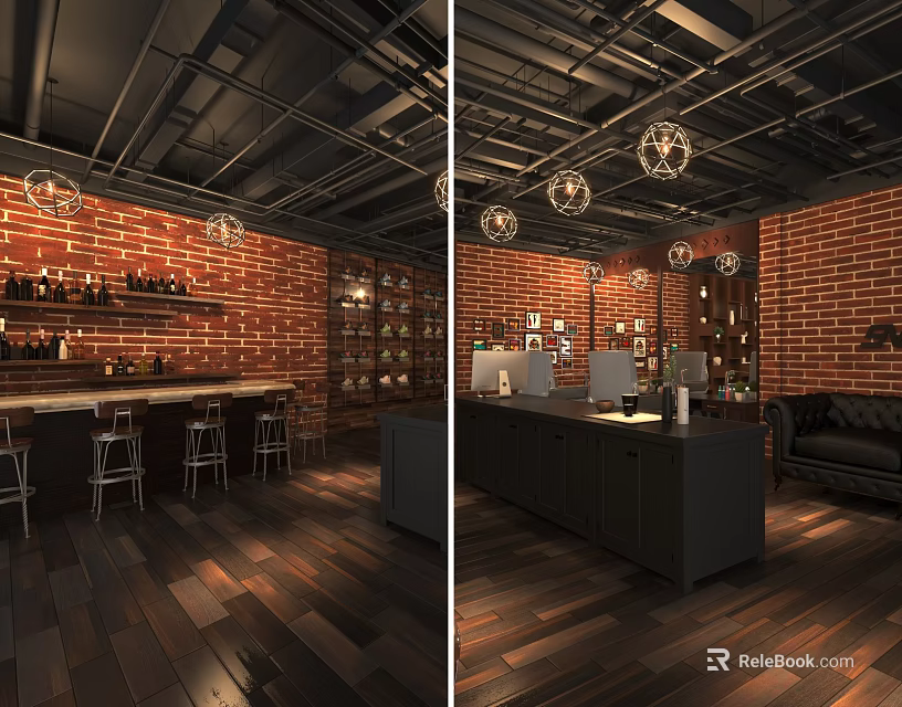 Stylish Beauty and Hair Salon Interior With Brick Walls Pendant Lights Workstations and Product Shelves 3d model 