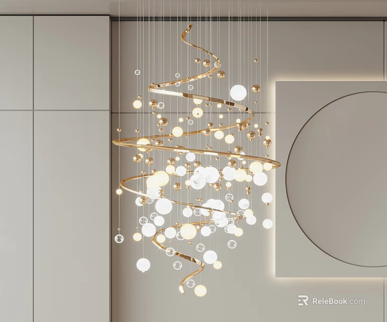 Modern Spiral Chandelier Featuring Golden Frame and White Round Decorative Balls in Light Interior 3d model 
