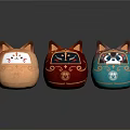 Adorable Round Cat Dolls In Brown Red Blue With Intricate Facial And Golden Patterns