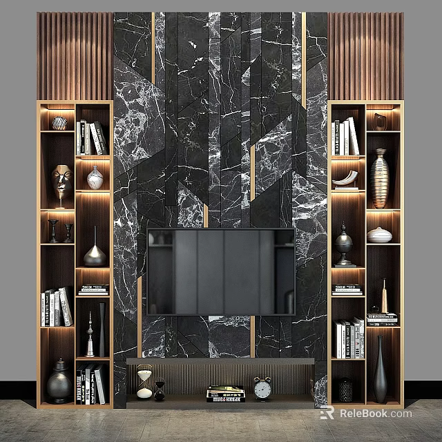 Luxurious TV Wall With Marble Texture Wooden Accents And Lit Open Shelves 3d model 