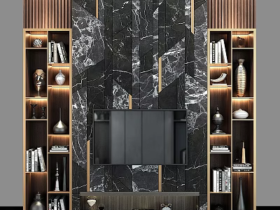 Luxurious TV Wall With Marble Texture Wooden Accents And Lit Open Shelves 3d model