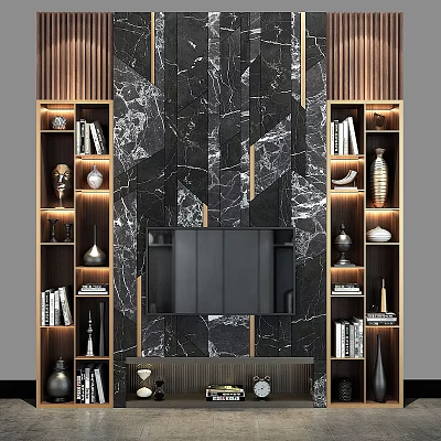 Luxurious TV Wall With Marble Texture Wooden Accents And Lit Open Shelves 3d model