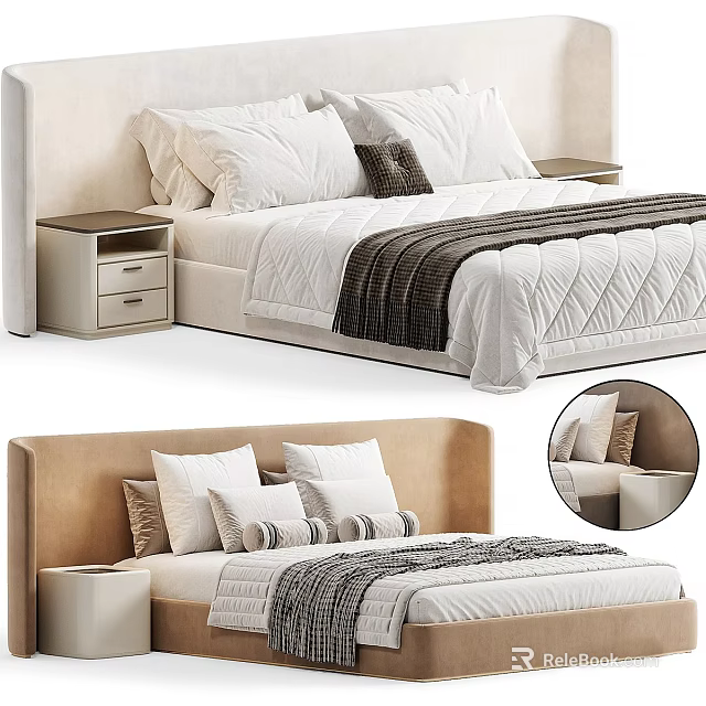 Modern Double Bed Interior With Beige Headboard White Pillows Quilted Quilt And Striped Blanket 3d model 