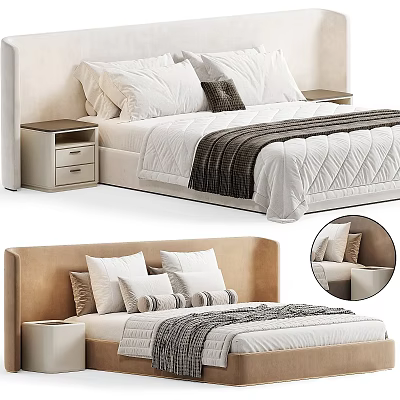 Modern Double Bed Interior With Beige Headboard White Pillows Quilted Quilt And Striped Blanket 3d model
