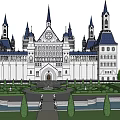 European Style Architecture Grand Castle With Spires Central Dome And Manicured Gardens