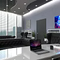 Modern Office Ceiling with Wavy Texture Recessed Lights Windows Blinds and Decorative Art