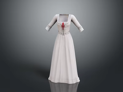 Elegant White Long Dress With Three Quarter Sleeves Square Neckline And Red Bow Decoration 3d model