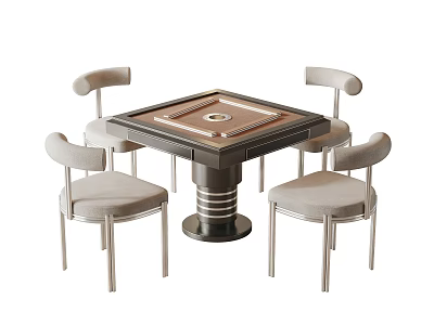 Square Entertainment Table With Central Rotating Section And Four Gray Padded Metal Leg Chairs 3d model