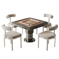 Square Entertainment Table With Central Rotating Section And Four Gray Padded Metal Leg Chairs