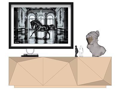 Black And White Horse Animal Painting In Ornate Interior With Geometric Cabinet And Decorative Figurines 3d model