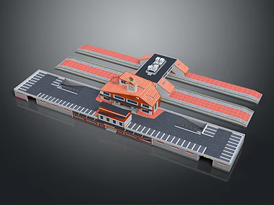Orange And White Toll Plaza With Car Passing Through Multiple Lanes And Parking Area 3d model