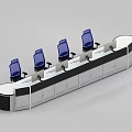 Curved Office Desk Setup With Multiple Computer Monitors And Blue Office Chairs