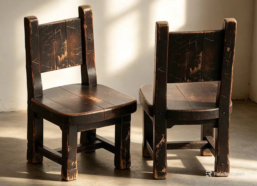 Vintage Worn Old Wooden Chairs With Natural Texture In Sunlit Room 3d model 