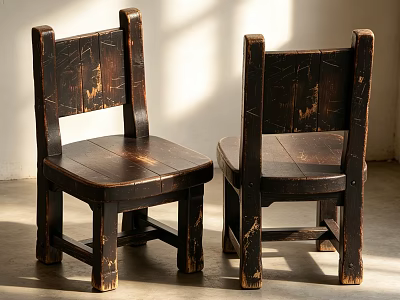 Vintage Worn Old Wooden Chairs With Natural Texture In Sunlit Room 3d model